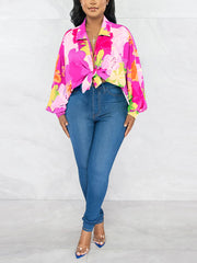 Fashion Floral Printed Chic Bowknot Hem Blouses