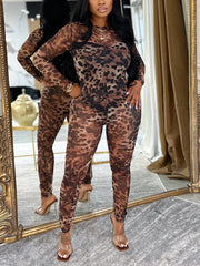 Sexy Leopard Print Sheer Mesh Tight Jumpsuit