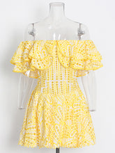 Off Shoulder Embroidered Layered Ruffle Mini Dress