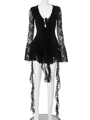 Deep V Neck Lace Ruffled Sexy Mini Dress