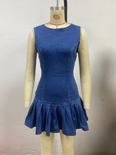 Round Neck Sleeveless Pleated Denim Mini Dress