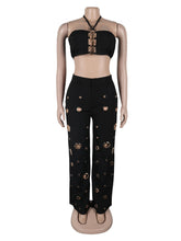 Sexy Metal Ring Hollow Crop Top Wide Leg Pants Sets