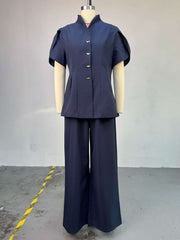 Single-breasted Cinched Waist Shirt Straight Pants Set