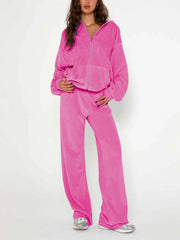 Velour Zipper Hoodie Wide Leg Pants Sets