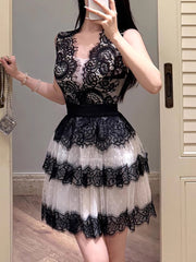 Gauze Lace Elegant T-back Patchwork Mini Dress