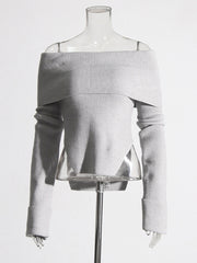 Chic Folded Off Shoulder High Low Side Slit Ribbed Tops