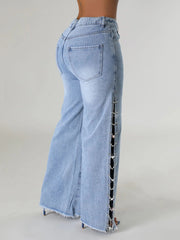 Fashion Split Metal Chain Diamond Straight Jeans
