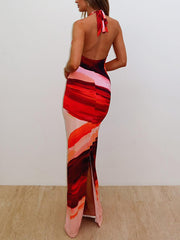 Sexy Backless Print Halter Maxi Dress