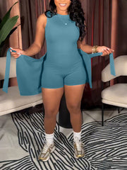 Casual O Neck Sleeveless Romper And Skirt Two Piece Set