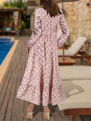 Elegant Round Neck Floral Print Slim Midi Dress