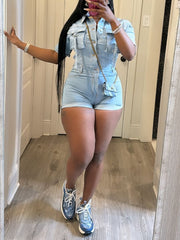Casual Turn Down Collar Cargo Denim Romper