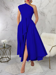 Elegant One Shoulder Pleated Party Maxi Split Dress