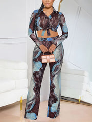 Sheer Mesh Print Shirt Long Pants Casual Set
