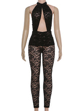 Sexy Halterneck Hollow Lace Patchwork See Through Jumpsuit