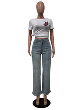 Casual High Waist Rhinestone Straight Leg Jeans