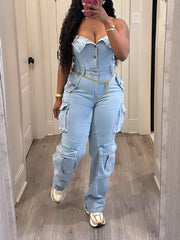 Sexy Strapless Denim Cargo Jumpsuit