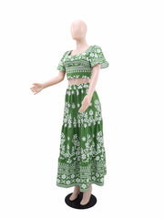 Casual Print Crop Top High Waist Maxi Skirt Set