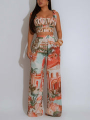 Casual Print Crop Top And Wide-Leg Pants Sets