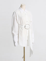 Solid Casual Patchwork Belt Lapel Blouse