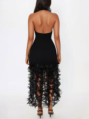 Sexy Halter Ruffles Ruched Mesh Mini Dress