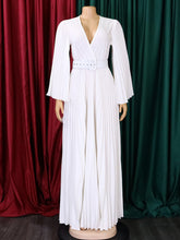 Elegant V Neck Long Sleeve Belted Pleated Maxi Dress
