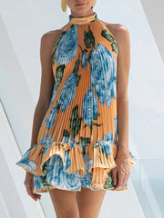 Elegant Halter Ruffle Pleated Tiered Mini Dress