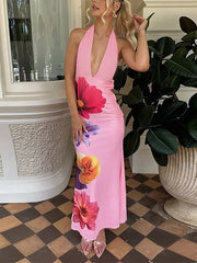 Sexy Deep V Halter Flower Print Slim Maxi Dress