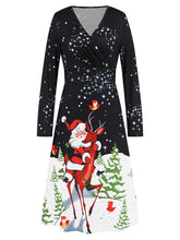 V Neck Christmas Print Slim Mid Dress