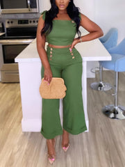 Bandage Shoulder Crop Top Wide Leg Pants Casual Set