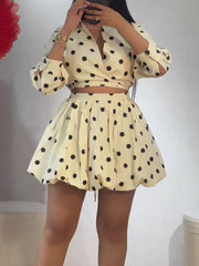 Polka Dots Print Lace-Up Cropped Shirt Bubble Skirt Set