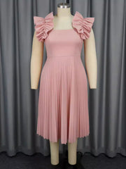 Petal Sleeve Square Neck Party Pleated Midi Dress