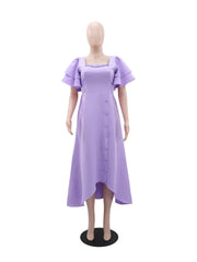 Casual Square Collar Ruffles Sleeve Cinched Waist Dress