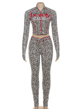 Casual Leopard Print Zipper Top and Skinny Pants Sets