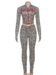 Casual Leopard Print Zipper Top and Skinny Pants Sets