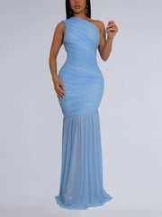 Elegant Mesh See-Through Oblique Collar Maxi Dress