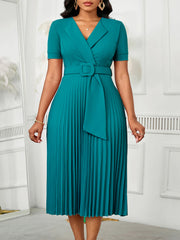 Elegant V Neck Short Sleeve Pleated Midi Dress