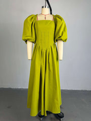 Square Neck Lantern Sleeve Ruched Maxi Dress