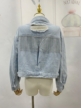 Casual Rhinestone Tassel Ripped Denim Jacket