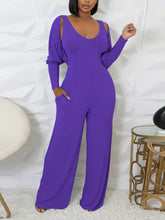 Casual Ribbed Jumpsuit Long Sleeve Cardigan Set