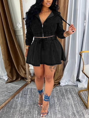 Fashion Hooded Denim Jacket and Mini Skirt Set