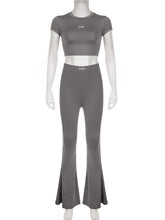 Solid Color Crop Top And Flare Pants Two-Piece Set