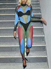 Sexy Contrast Color See Through Stretch Tight Jumpsuit