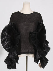 Round Collar Ruffle Patchwork Knitwear