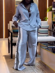 Fashion Lapel Stripe Shirt Wide Leg Pants Two Piece Set
