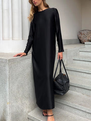 Round Neck Satin Elegant Split Maxi Dress