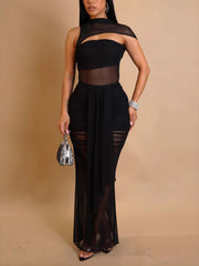 Sexy See-Through Mesh Ruched Long Dress Set