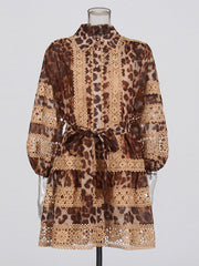 Fashion Print Lapel Puff Sleeve Lace-Up Dress