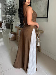 Elegant Color Block Backless Halter Wide Leg Jumpsuit