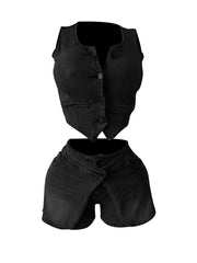 Fashion Elastic Denim Vest and Shorts Set