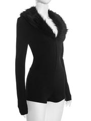 Sexy V Neck Front Zipper Faux Fur Tight Romper